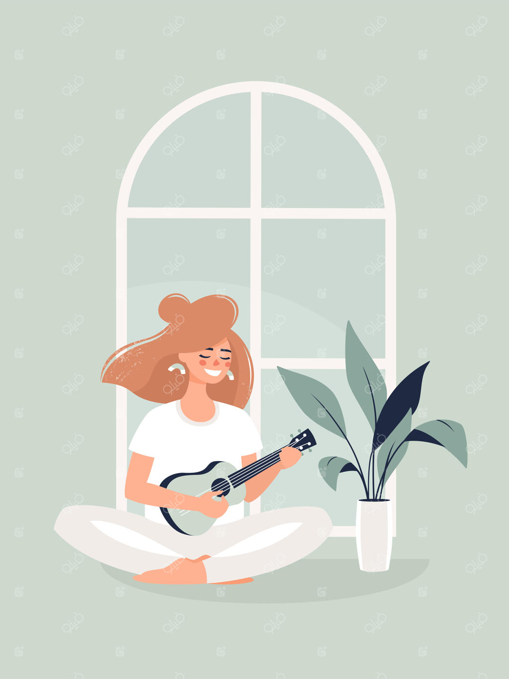 زنی بلوند در خانه در حال نواختن گیتار کنار یک گیاه گلدانی.