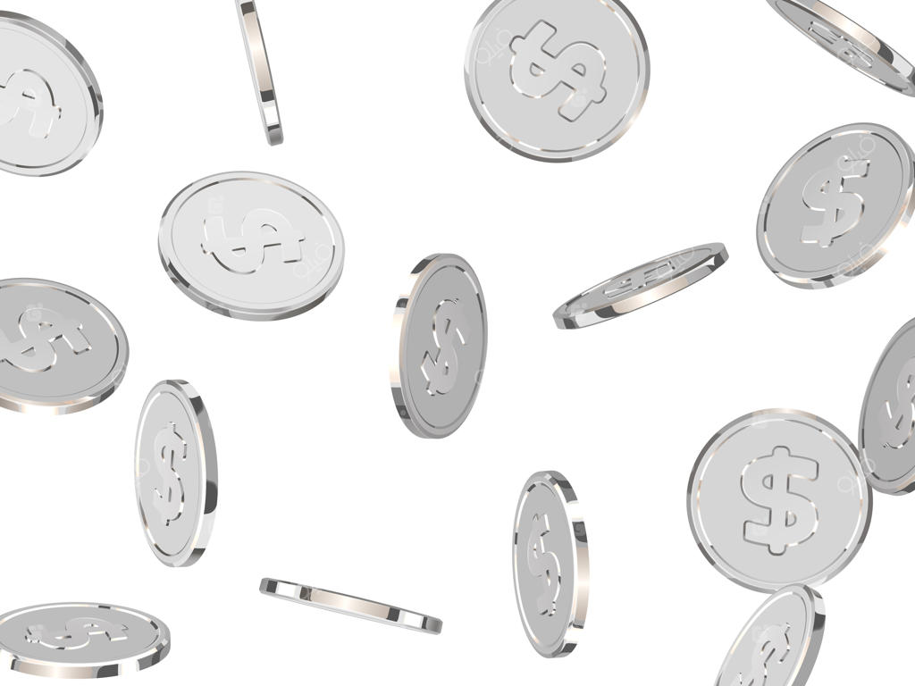 سکه‌های نقره‌ای: تصویر سه‌بعدی واقع‌گرایانه از سکه‌های سفید بر زمینه سفید. سکه‌های فلزی دلار. تصویر وکتوری