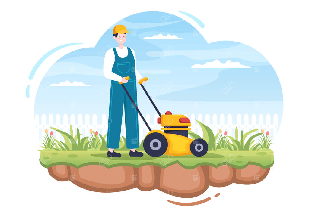 چمن‌زن در حال چیدن چمن سبز: هرس و مراقبت از باغ یا چمنزار در تصویرسازی برداری کارتونی حرفه‌ای