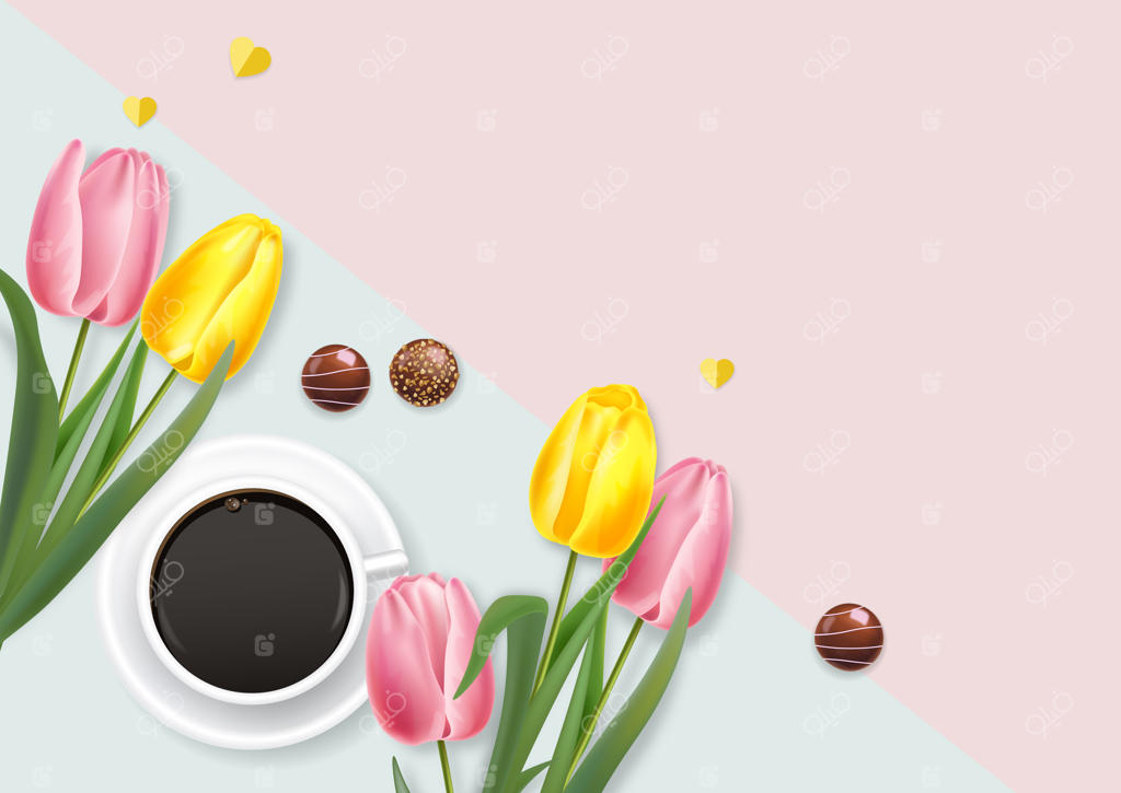 تصویر واقعی لاله‌های زرد و فنجان قهوه