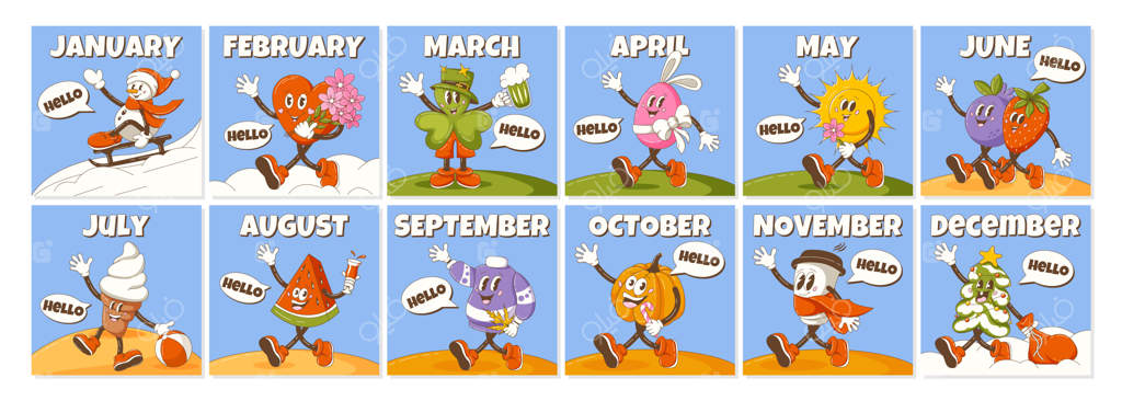 سلام: مجموعه وکتور کاراکترهای رترو و گروفی برای ماه‌ها و تعطیلات سال