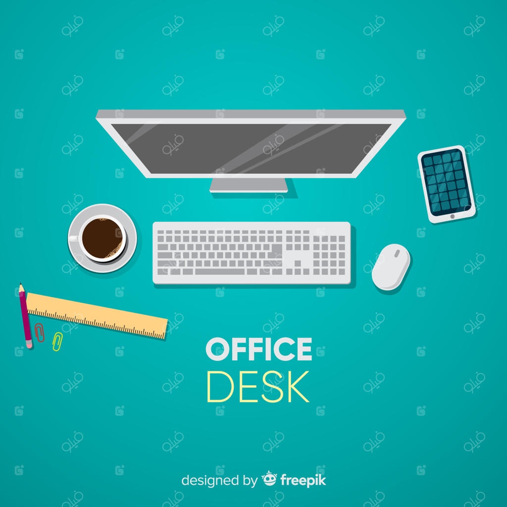 نمای بالا از میز اداری حرفه‌ای با طراحی فلت