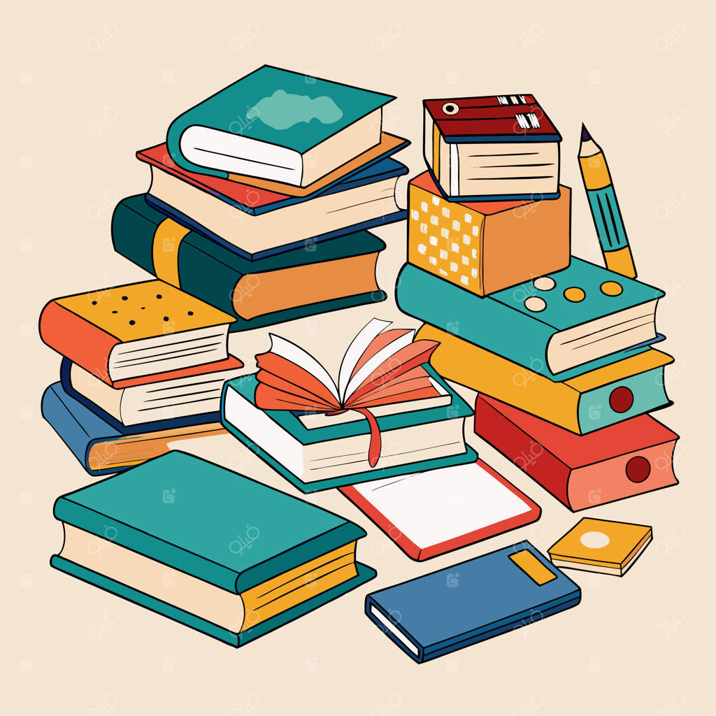 تصویرسازی خلاقانه و رنگارنگ آموزشی با کتاب‌ها و لوازم تحریر مدرسه‌ایی