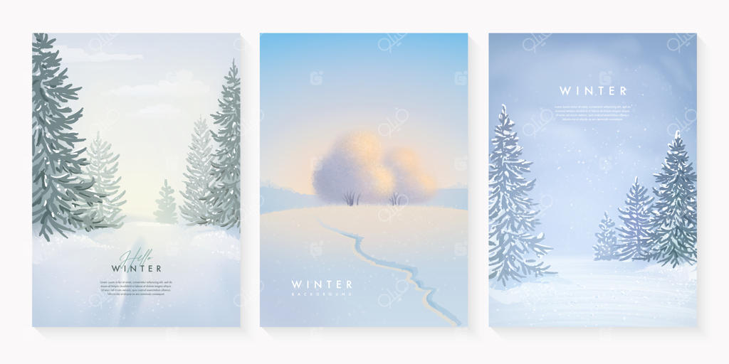 مجموعه‌ای از مناظر زمستانی با برف‌ و درختان