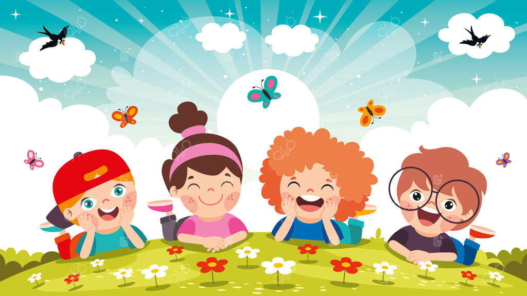 کودکان کارتونی در حال دراز کشیدن روی چمن