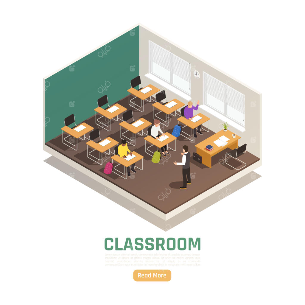 صفحه فرود ایزومتریک دانش‌آموزان و معلم در کلاس درس دبیرستان
