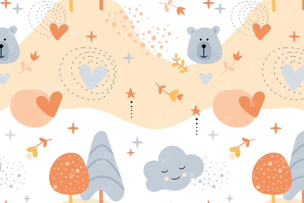 طرح یکپارچه با خرس‌ها، ابرها و قلب‌ها