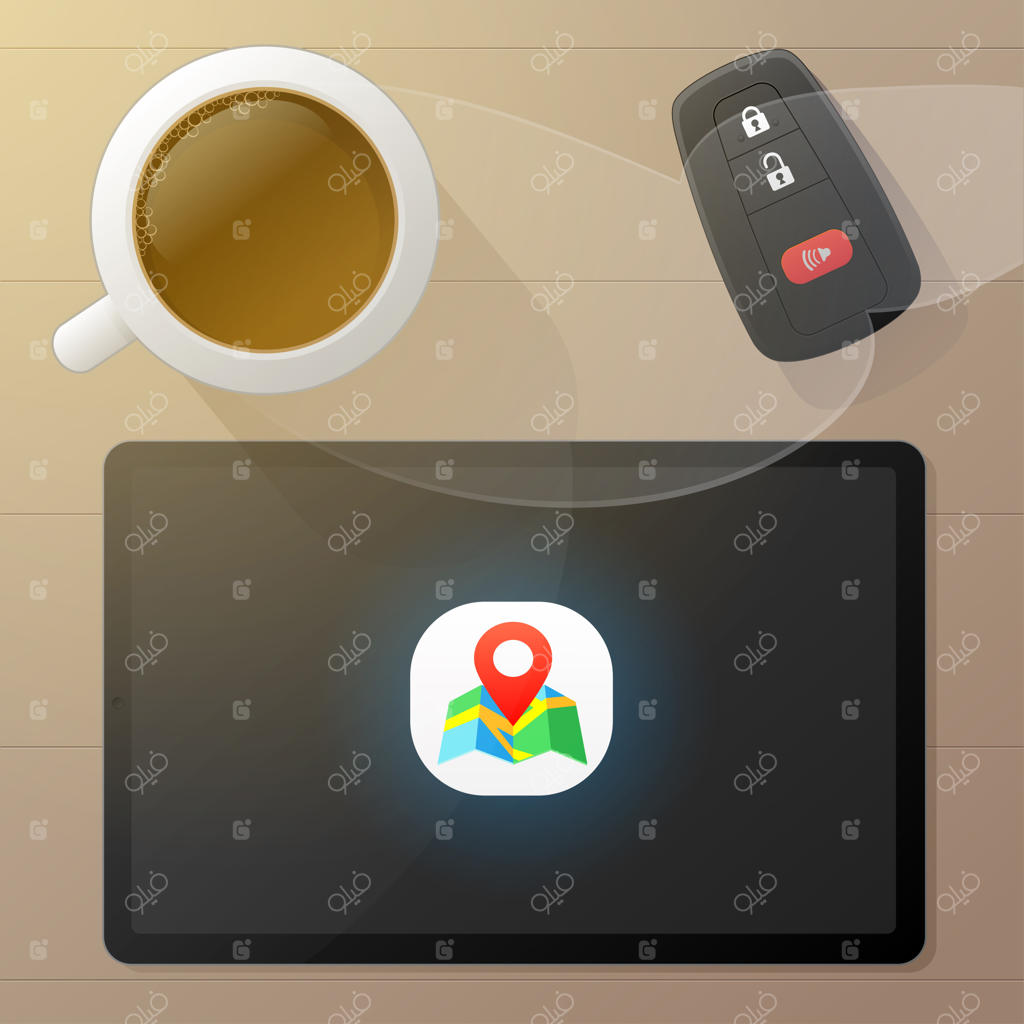 تبلت با اپلیکیشن نقشه‌یابی GPS، یک فنجان قهوه داغ و کلید ماشین. نمای بالا. تصویرسازی به سبک کارتونی