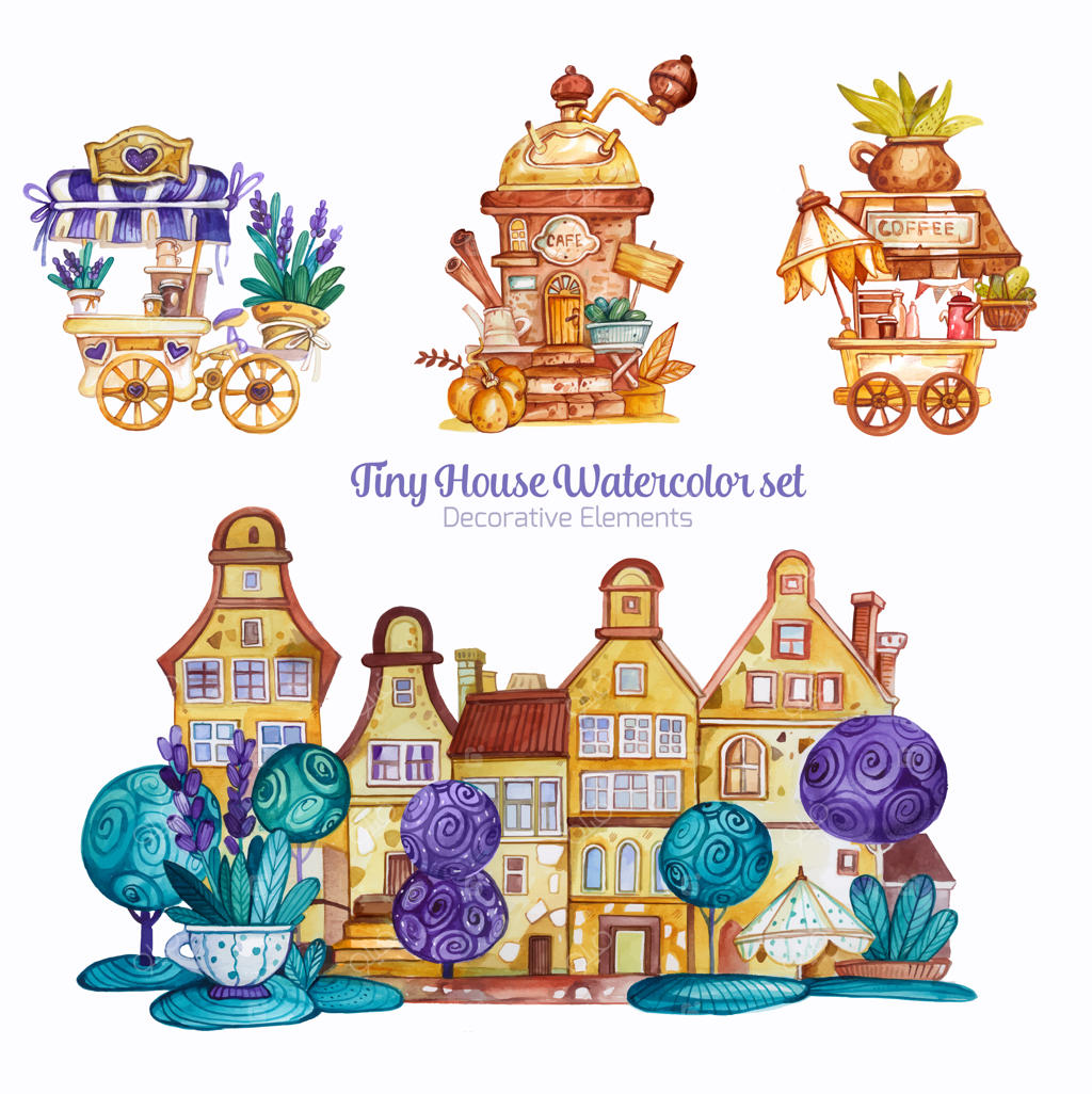 مجموعه آبرنگ خانه‌های تزیینی کوچک