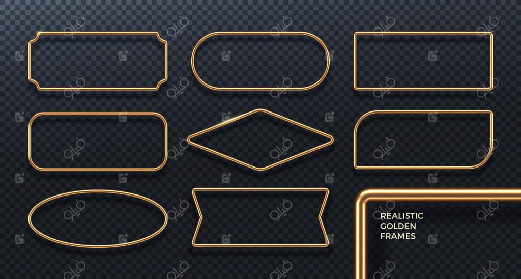 مجموعه‌ای از قاب‌های فلزی طلایی واقع‌گرایانه: بنرهای هندسی سه‌بعدی طلایی