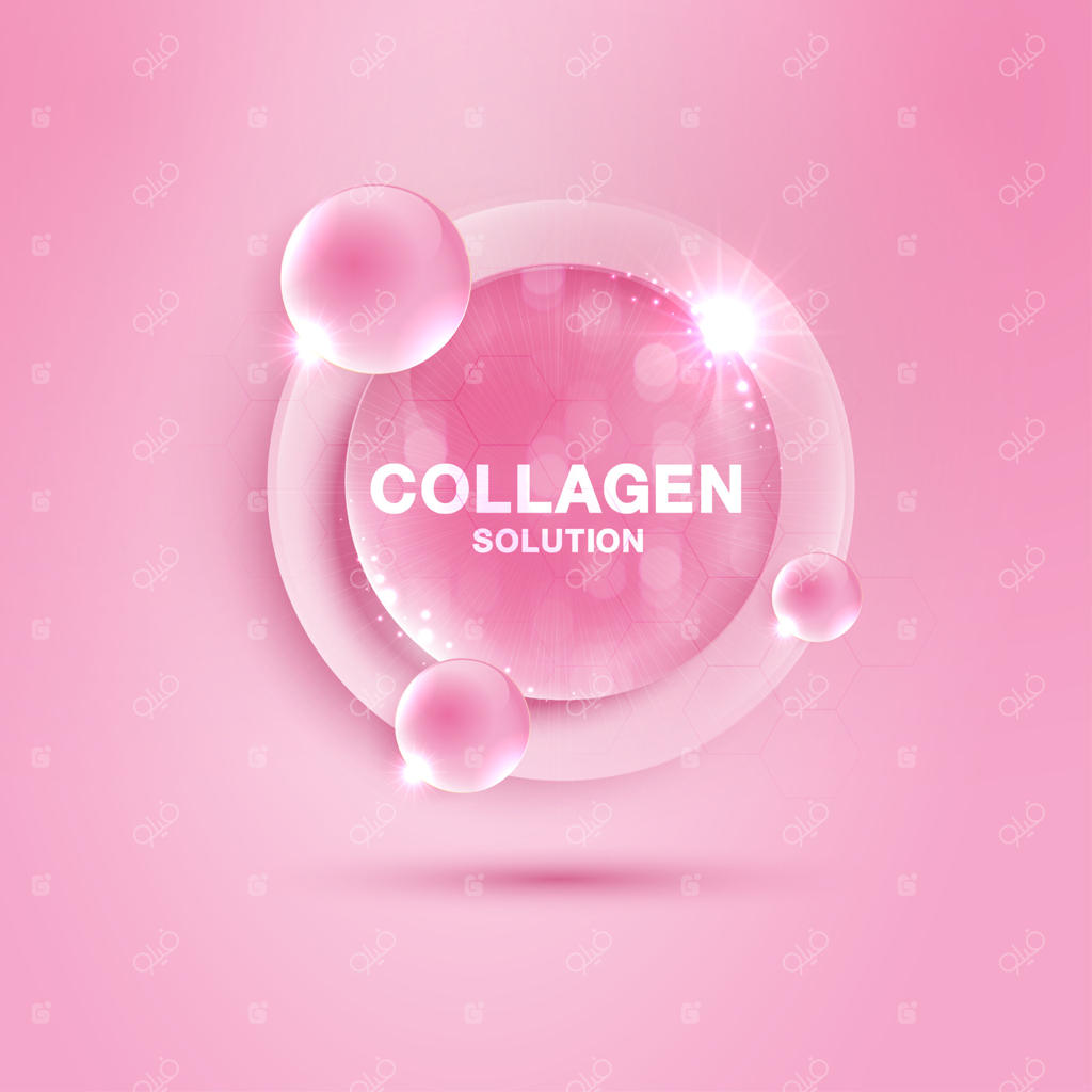 ساختار و قطره صورتی کلاژن، محلول کمپلکس ویتامین با فرمول شیمیایی طبیعی؛ طرح مراقبت از پوست، تغذیه و درمان زیبایی با مفاهیم علمی و پزشکی برای لوازم آرایشی. وکتور.