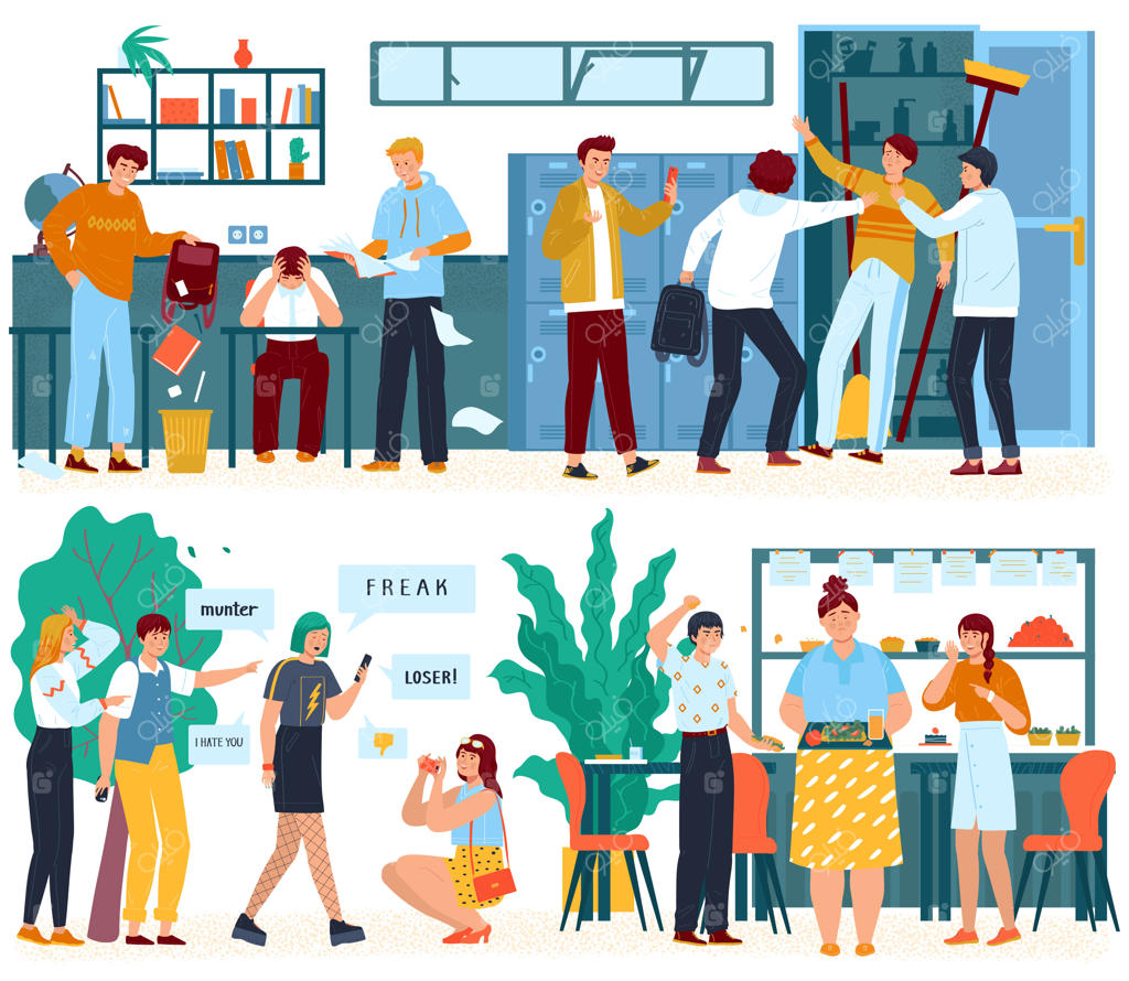 قلدری در مدرسه، شخصیت‌های کارتونی نوجوانان پرخاشگر، پسران و دختران غمگین، تصویرگری افراد