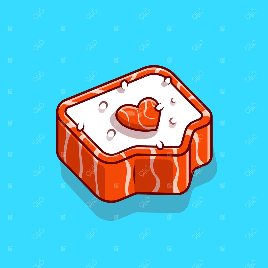 تصویر وکتور عاشقانه سوشی ماهی سالمون. مفهوم آیکون غذای ژاپنی. سبک کارتونی تخت