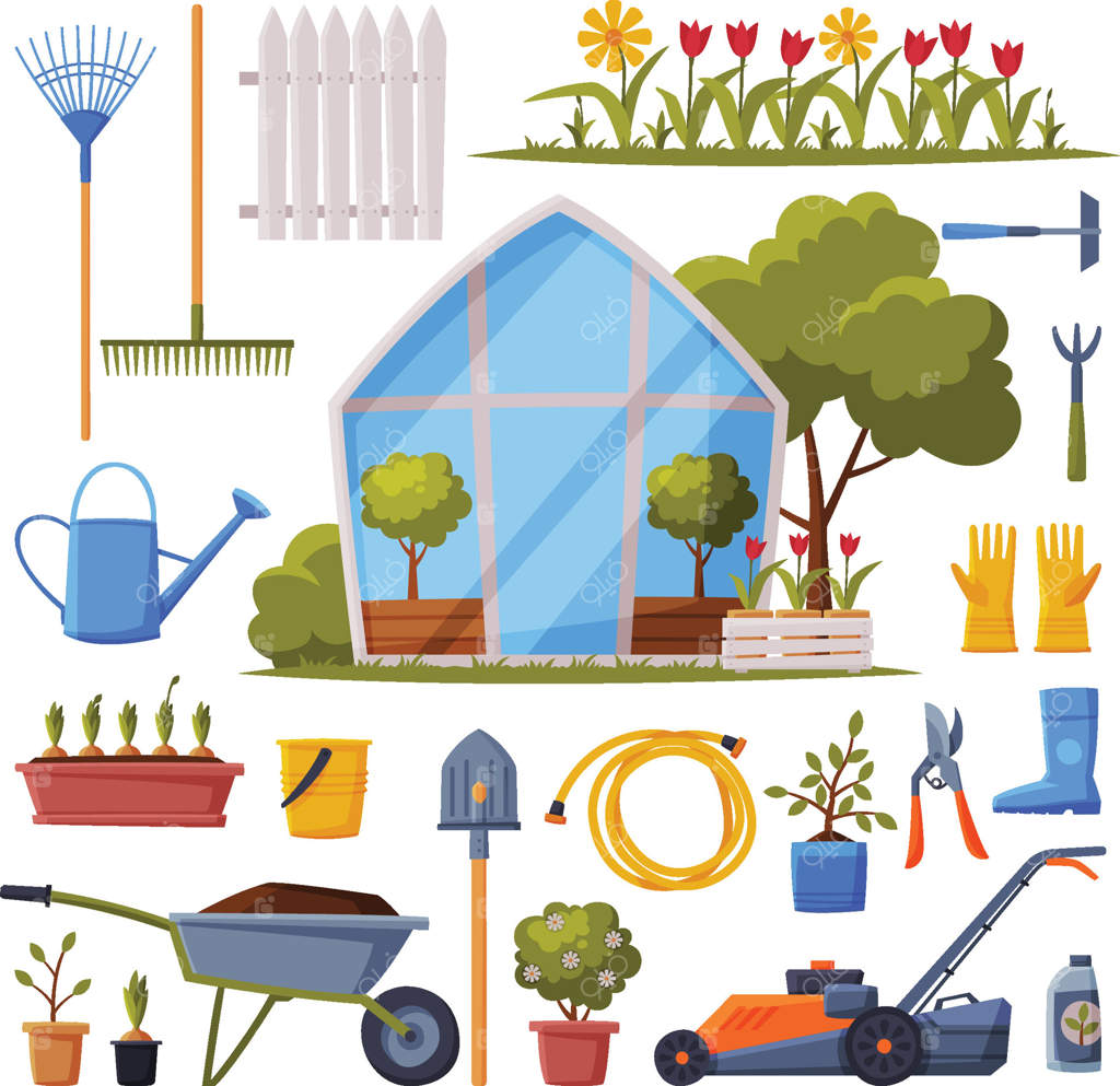 مجموعه باغبانی، تجهیزات کار کشاورزی، گلخانه، ابزارهای کشاورزی، نشا و گیاهان - تصویرسازی به سبک ساده