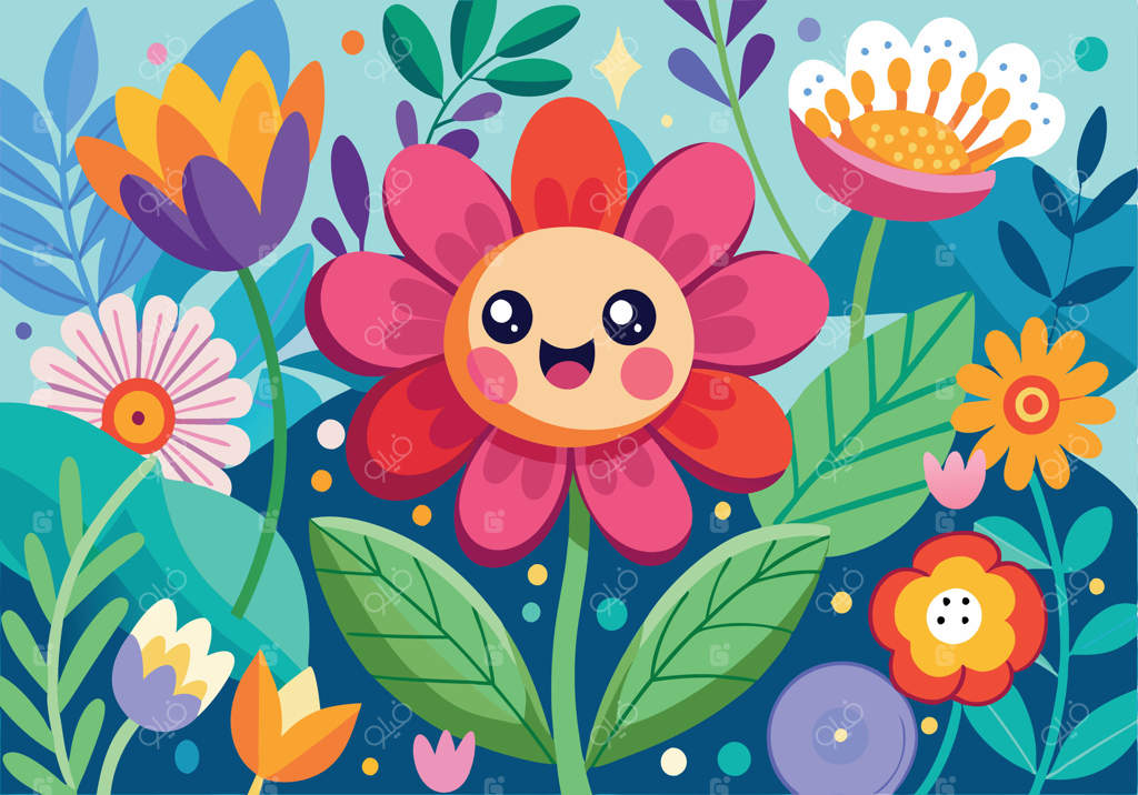 تصویرسازی گل‌های شاد و رنگارنگ در باغچه کارتونی