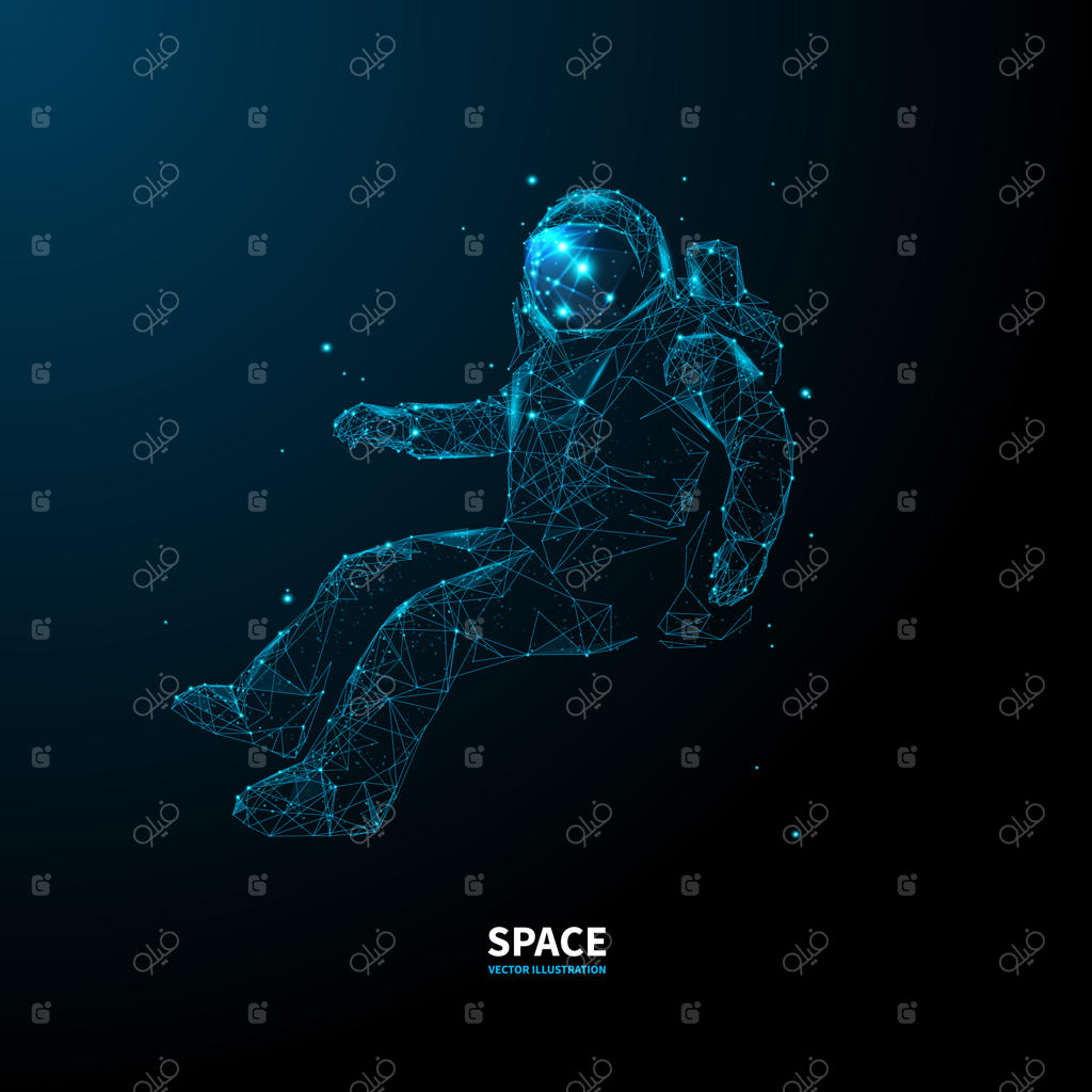 فضانورد چندضلعی انتزاعی در فضا - تصویرسازی برداری از کیهان با طراحی کم‌پلی آبی