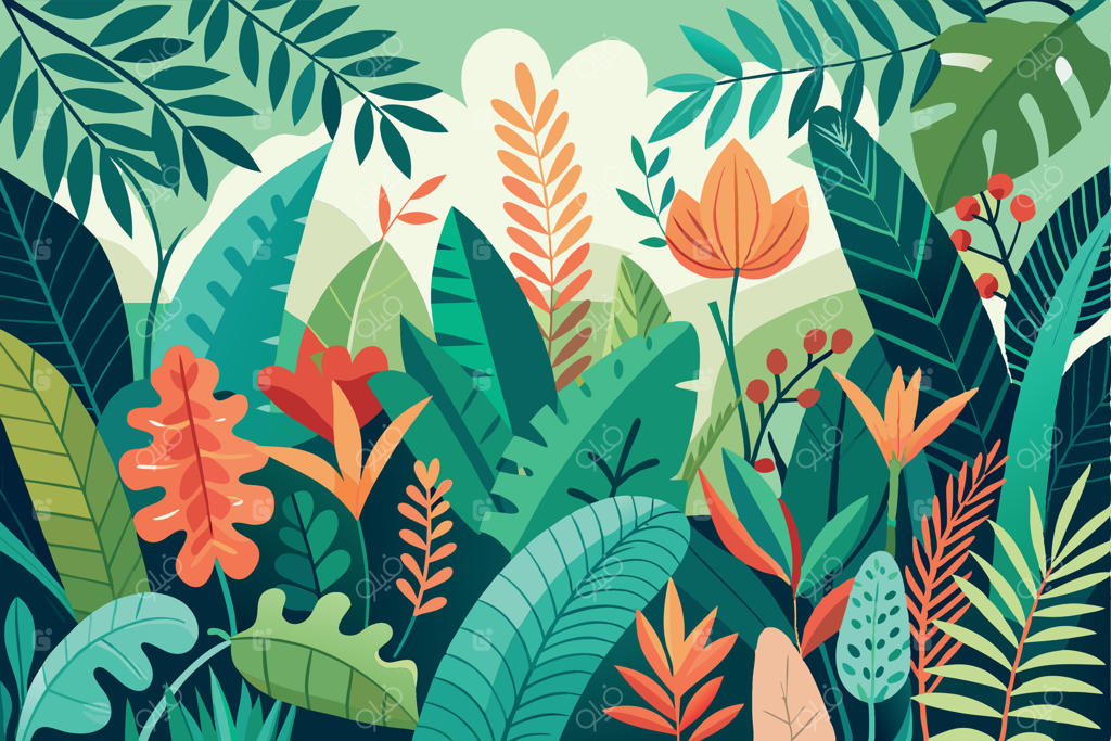 بنر پس‌زمینه با طرح برگ و گیاه. کارت تابستانی جنگل‌های استوایی. چشم‌انداز گرمسیری با گل و گیاه. تزیین باغ. پوستر جنگل سبز با چاپ برگ‌ها.