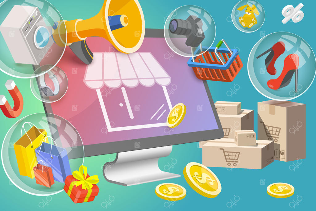 تصویر مفهومی سه‌بعدی از تبلیغات فروشگاه آنلاین