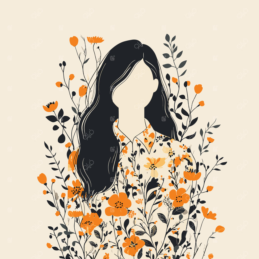 هنر سیلوئت گل‌دار با زنی انتزاعی و مویی مشکی در باغی شکوفا