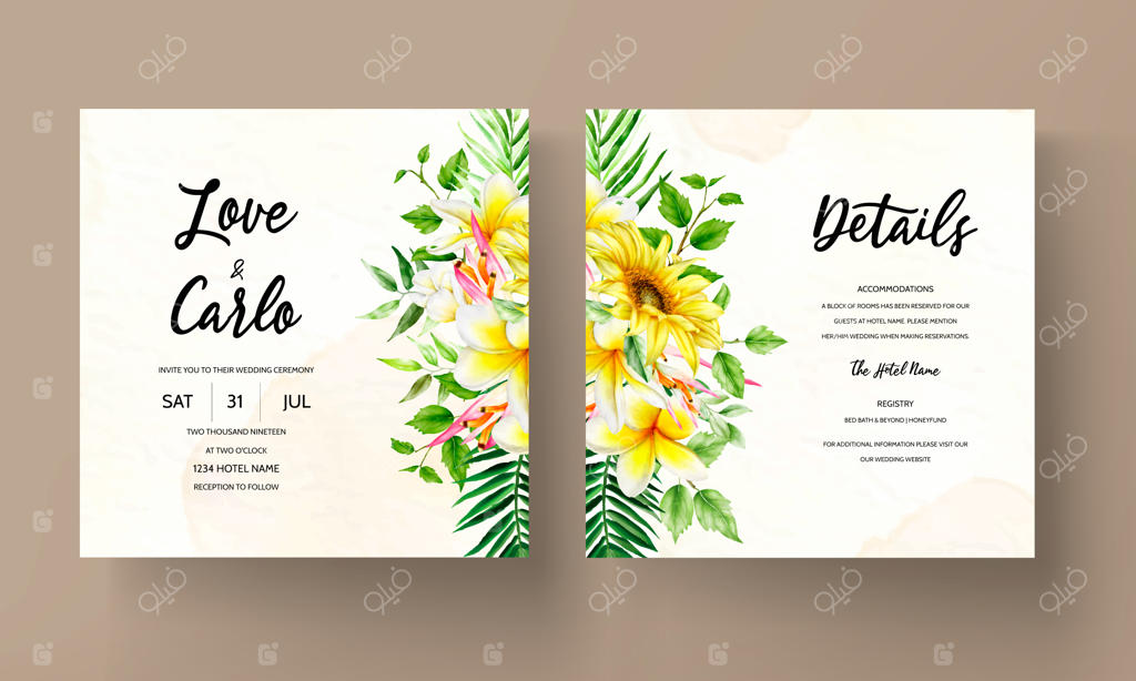 کارت دعوت عروسی با طراحی گل و برگ های شیک استوایی