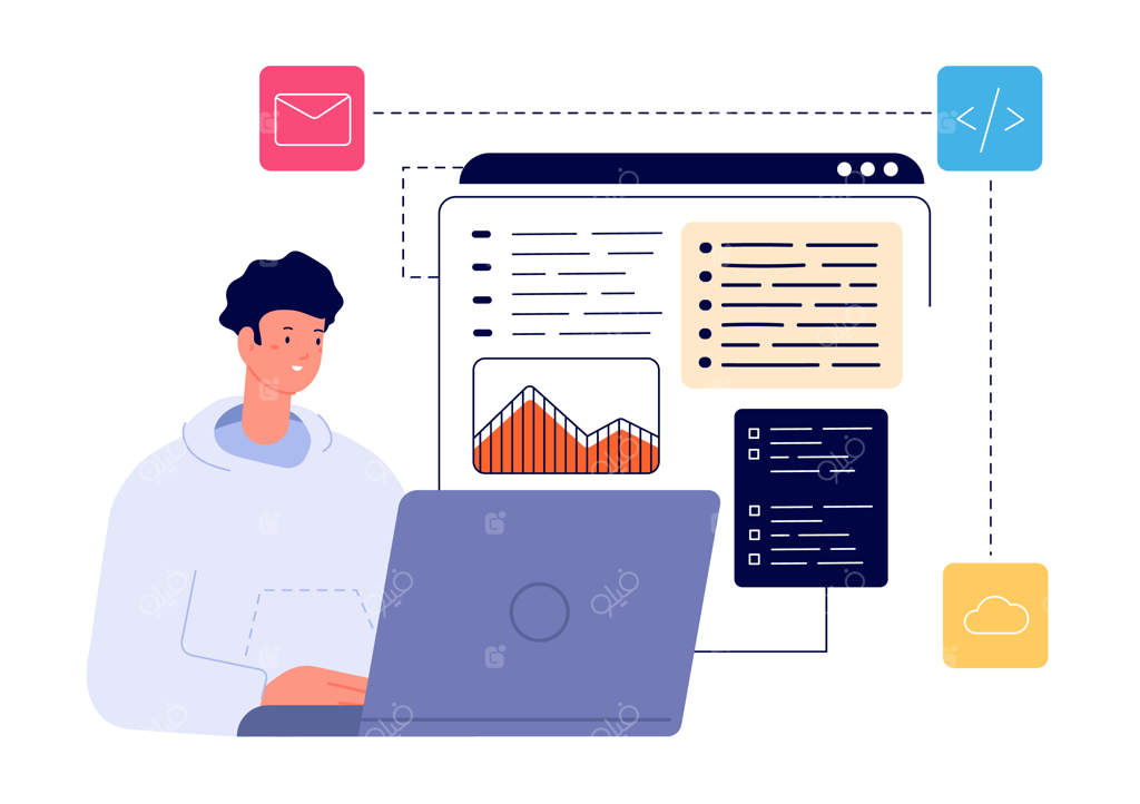 برنامه‌نویس در محل کار: طراحی با کامپیوتر، توسعه‌دهنده پراسترس در حال تست برنامه، مدیر اجرایی مهندسی اپلیکیشن اینترنتی، مفهوم برداری کامل
