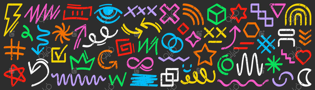 مجموعه آیکون‌های گرانج: نمادهای رنگارنگ، دست‌کشیده و انتزاعی گرافیتی با پیکان‌ها، ستاره‌ها، قلب‌ها، تاج‌ها، نشانه‌های بی‌نهایت، اشکال هندسی و خطوط تزئینی در پس‌زمینه تیره