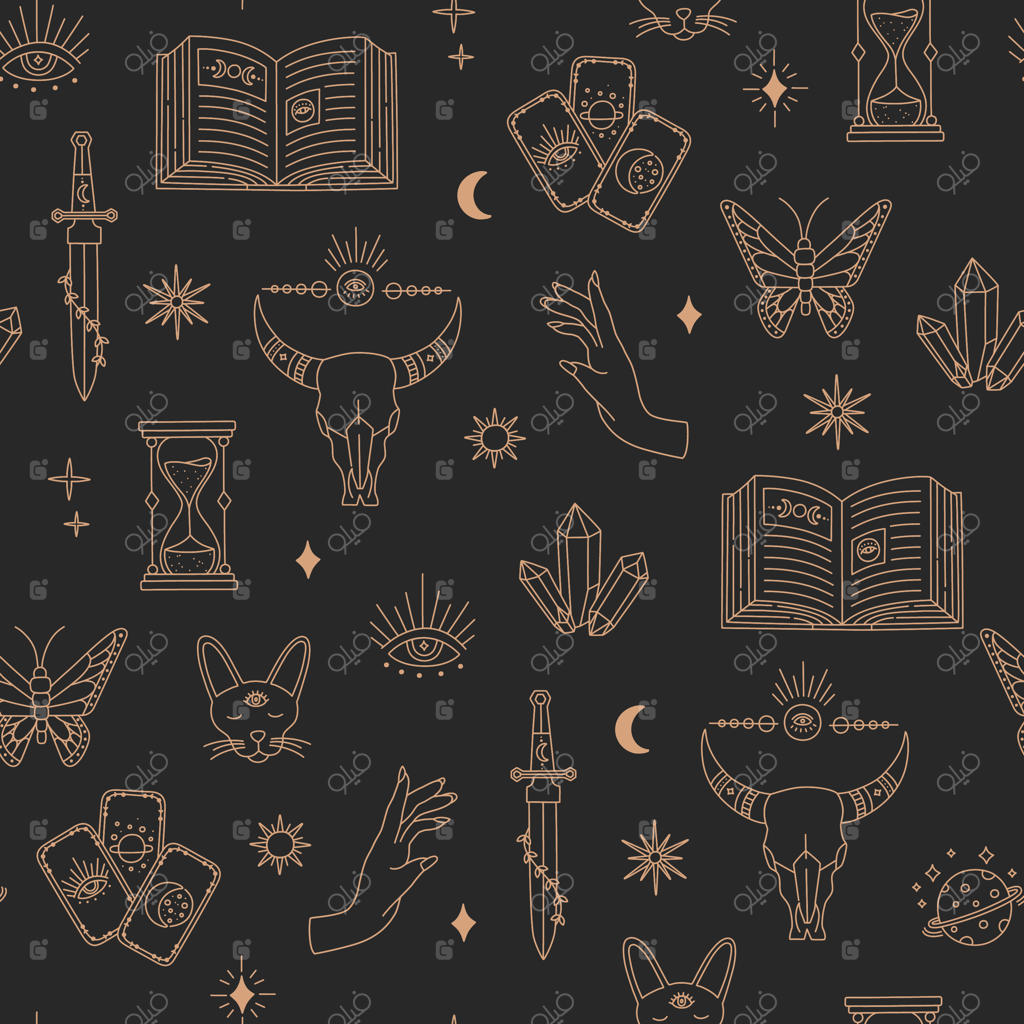 پترن جادویی بوهویی: اشیای جادوگری، ماه، چشم، دست‌ها، خورشید، خطوط ساده طلایی، نمادها و عناصر عرفانی بر روی زمینه سیاه. تصویرسازی مدرن و جذاب در سبک دودل.
