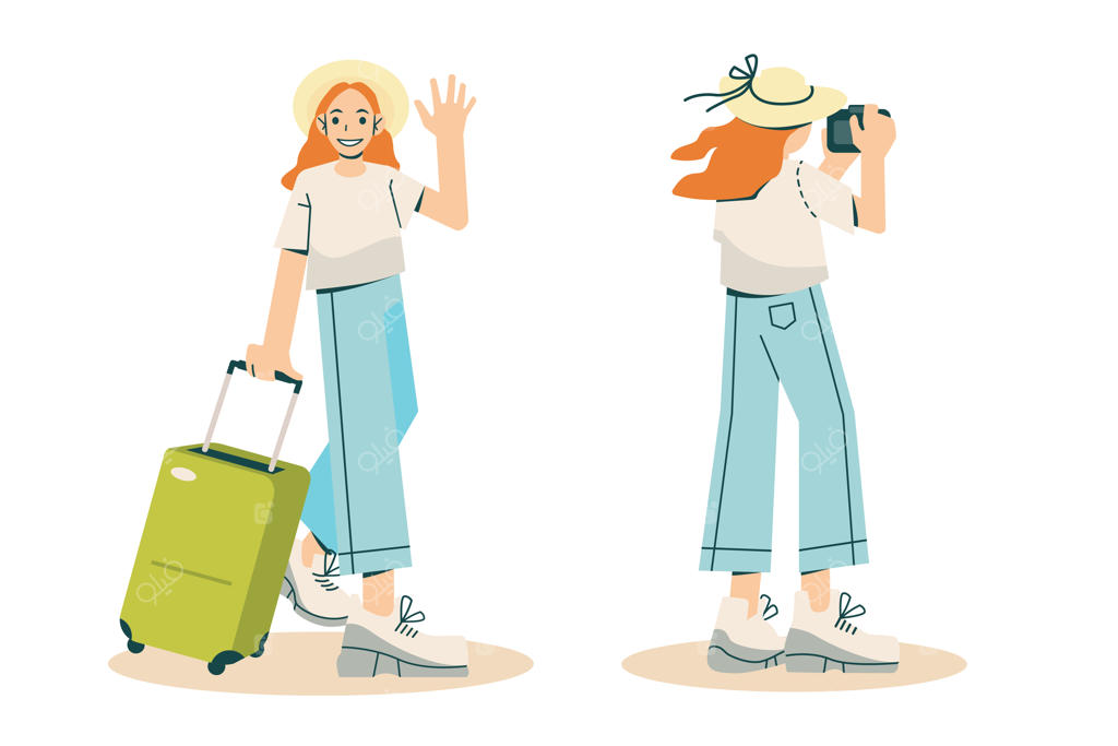 تصویرسازی تخت گردشگر با چمدان؛ دختر کارتونی با دوربین عکاسی