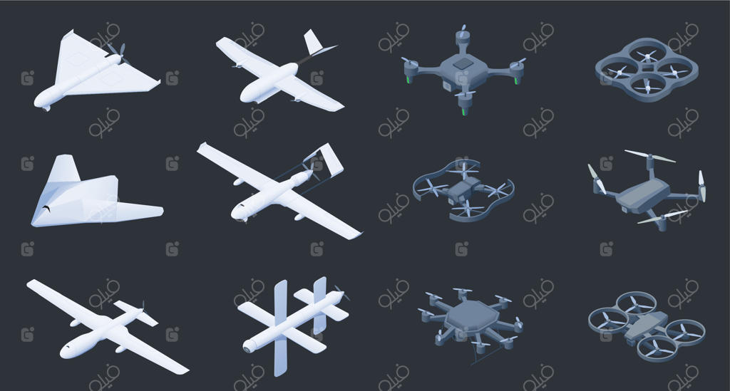 پهپادهای بدون سرنشین ایزومتریک. پهپادهای نظامی و هواپیمای جاسوسی بدون سرنشین با دوربین، هواپیما با خلبان خودکار و موشک هدایت‌شونده با لیزر. مجموعه‌ای از وسایل نقلیه هوایی ایزومتریک