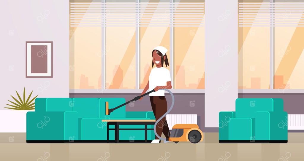 خانه‌دار با جاروبرقی مبل را تمیز می‌کند - مفهوم خانه‌داری - دکوراسیون مدرن اتاق نشیمن - شخصیت کارتونی زن در حال انجام کارهای خانه - نمای افقی
