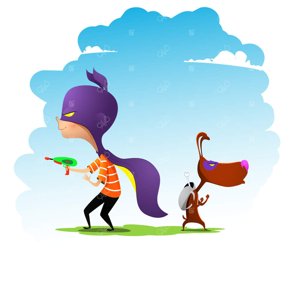 پسر و سگ دوستش، در لباس ابرقهرمانان بازی می‌کنند. تصویرسازی کارتونی