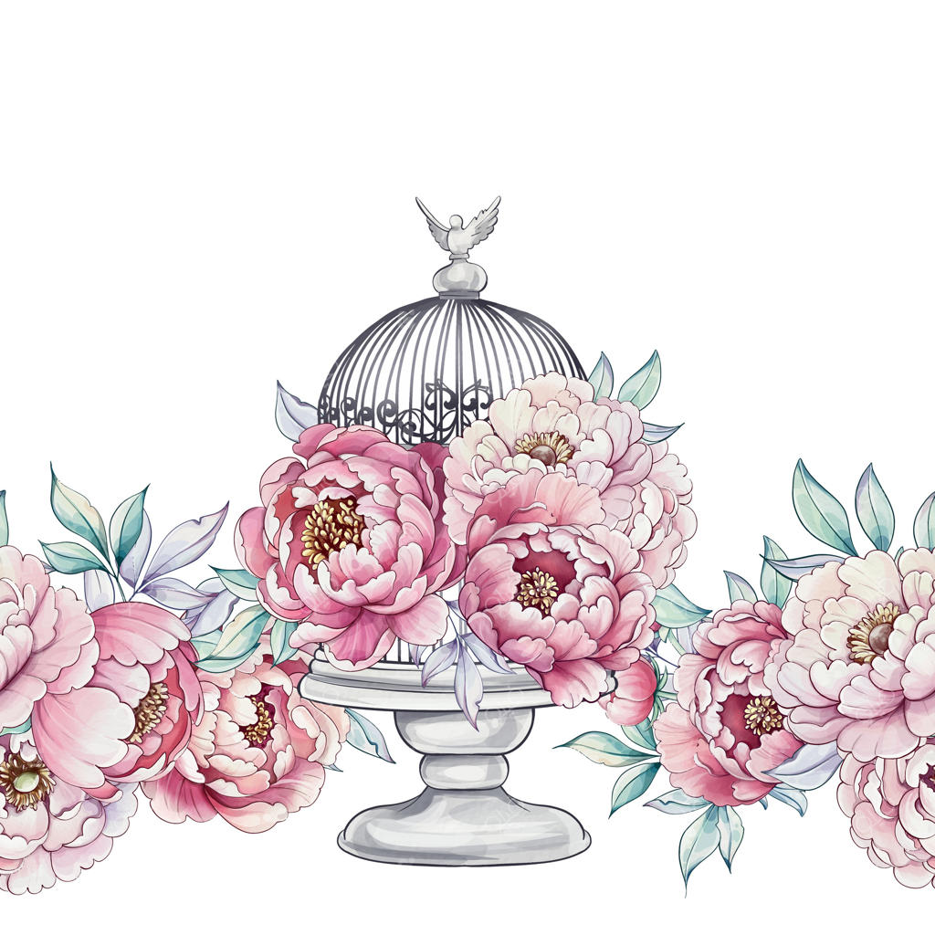 سایه‌های نرم صورتی و سفید گل‌های صد تومانی به زیبایی دور یک قفس پرنده جذاب پیچیده‌اند و زیبایی و هنر طبیعت را به نمایش می‌گذارند.