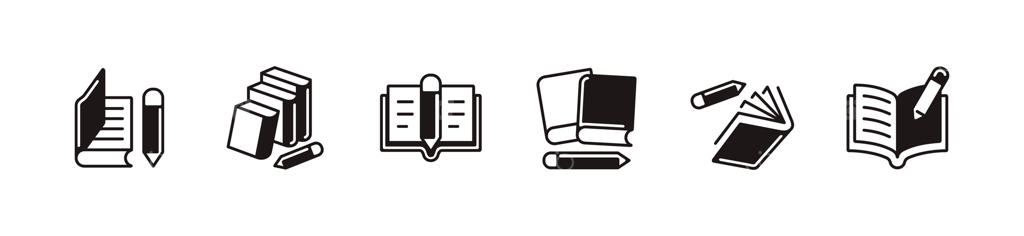 کتاب مداد رنگی: نماد نویسنده، مجموعه آیکون های آموزشی و مطالعه، کتابچه و نشانه های نوشتن با مداد در سبک منحصر به فرد
