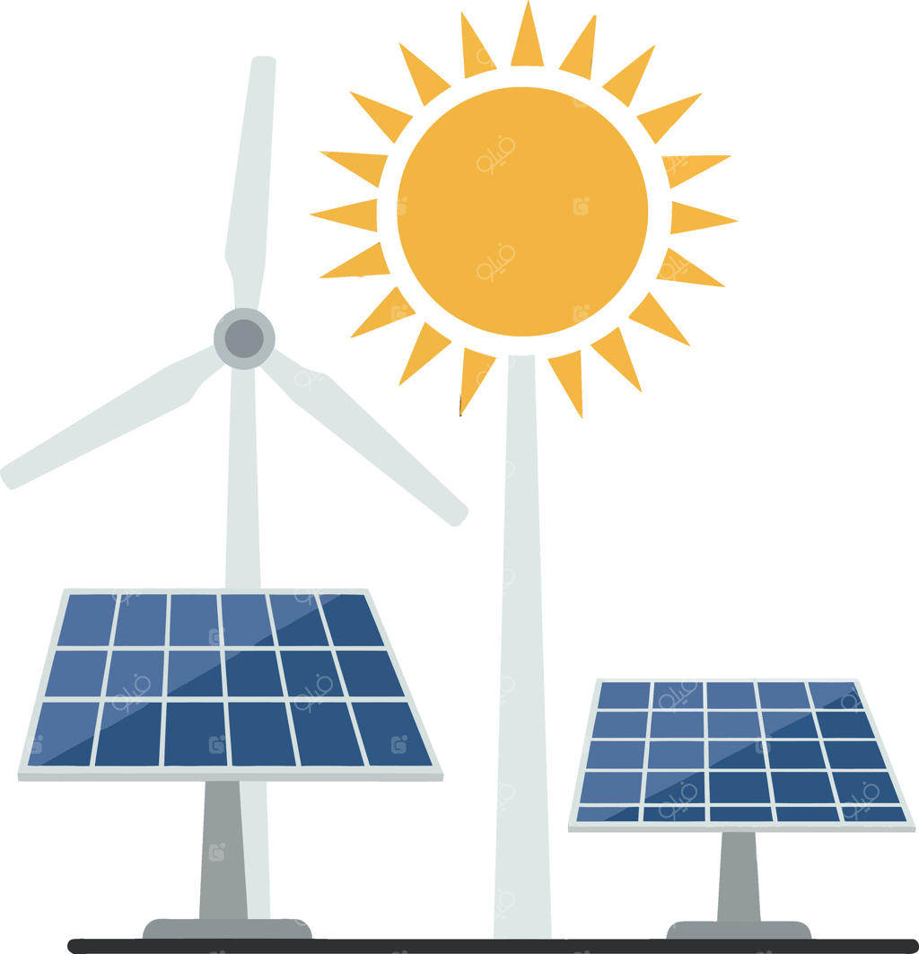 پنل‌های خورشیدی و توربین بادی زیر آفتاب درخشان: نمادی از مفاهیم انرژی‌های تجدیدپذیر در طراحی ساده و مسطح