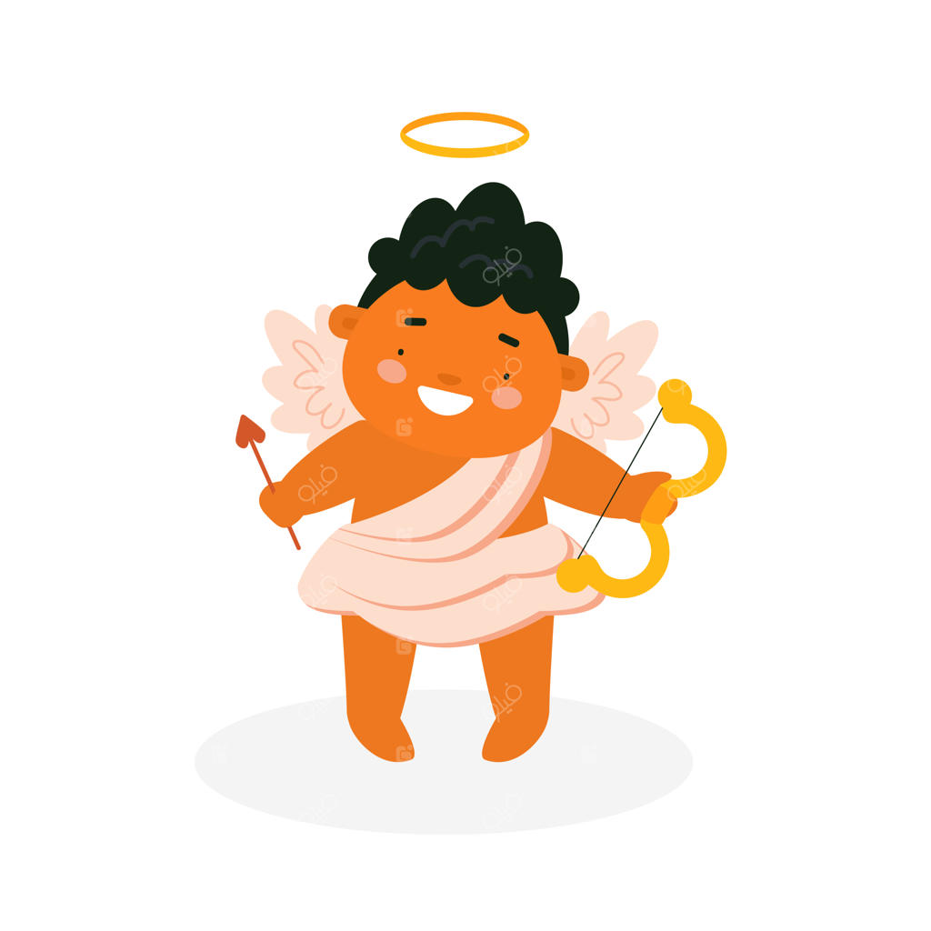 وکتور کیوپید کوچولو و بامزه با تیر و کمان؛ کاراکتر بچه فرشته در پس‌زمینه سفید، مناسب برای کارت ولنتاین، چاپ و طراحی محصولات کودکان