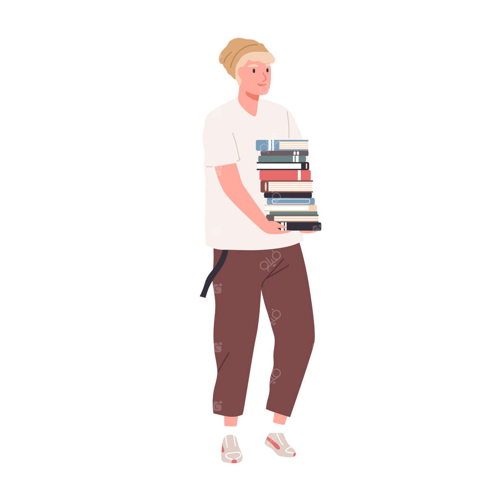دانشجو در حال راه رفتن با تعداد زیادی کتاب. جوانی در حال حمل دسته‌ای از کتاب‌های درسی از کتابخانه. مردی که چندین دیکشنری و کتاب درسی را در دست دارد. تصویرسازی تخت وکتور به صورت ایزوله شده بر روی زمینه سفید.