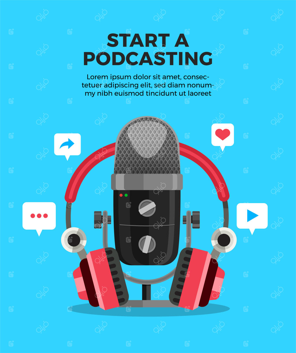 طراحی مفهومی کانال پادکست: تیم‌سازی در پادکستینگ. میکروفون استودیو، میز پخش و افراد در رادیو پادکست.