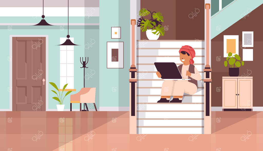 پسر عرب در حال استفاده از لپ‌تاپ؛ نشسته بر پله‌ها و مشغول انجام تکالیف - مفهوم آموزش