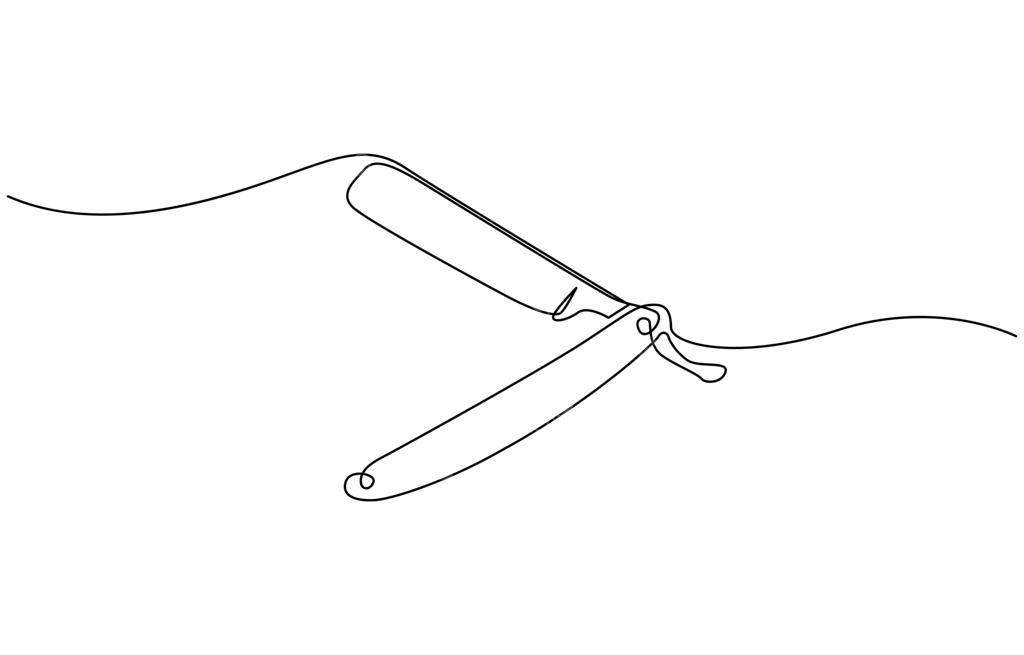 طراحی خطی مداوم از تیغ سلمانی قدیمی، تیغ آرایشگری قدیمی در پس‌زمینه سفید. طراحی مفهومی آرایشگاه