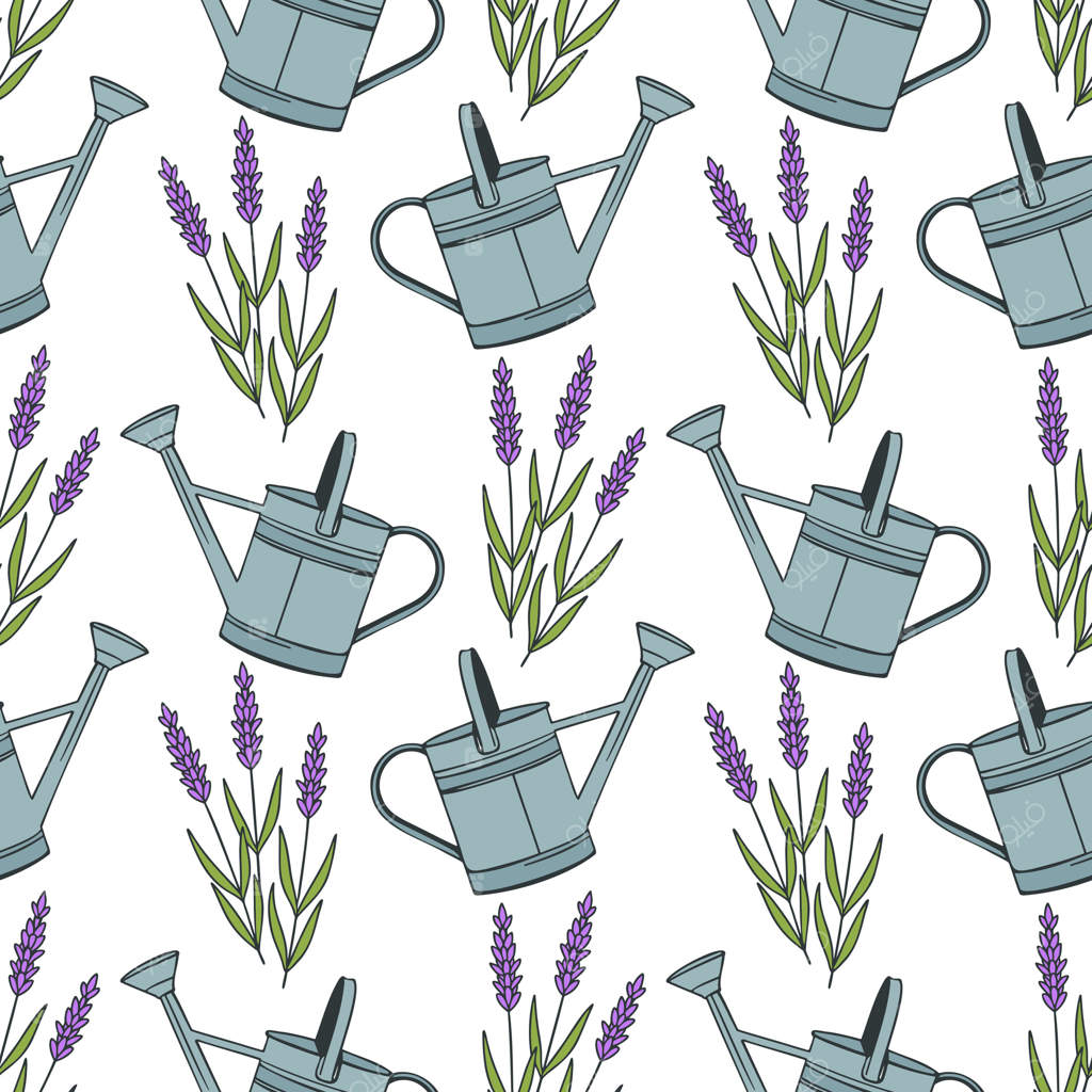 کار در باغچه‌ی بهاری و باغ سبزیجات، کاشت و آبیاری. حس و حال بهار. طرحی با آبپاش باغ و گل‌های اسطوخودوس.