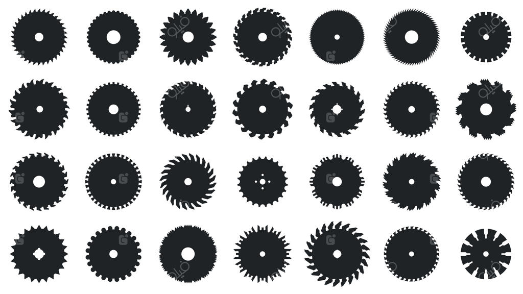 اره گردبری: ماشین برش تیغه‌های گرد، ماشین برش دندانه‌دار برای نجاری، ماشین صنعتی مخصوص سازه‌های چوبی. تصویر برداری به صورت تخت.
