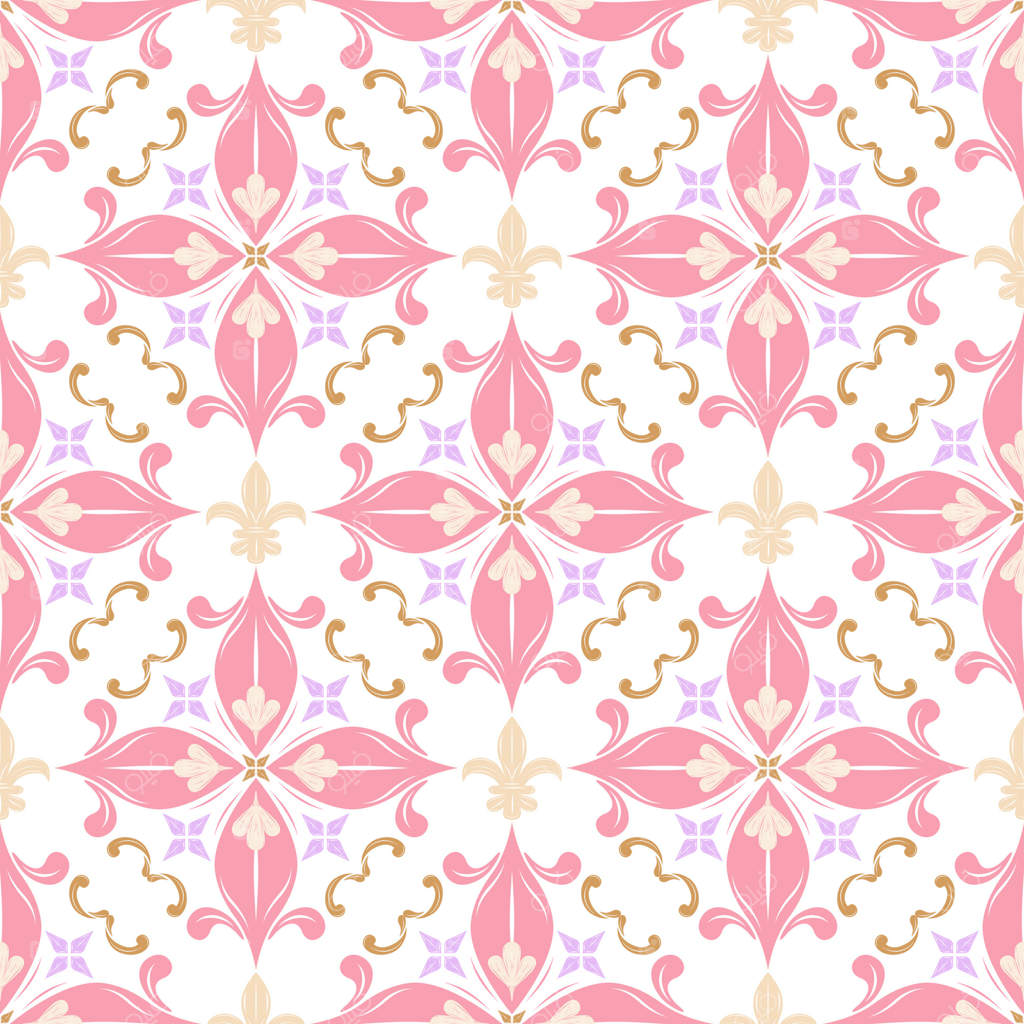 کاشی‌های گل‌دار لوکس مرغزار با طراحی پیچیده و ظریف. ترکیب گل‌های باشکوه و ظرافت گلبرگ‌های سوسن و نقش گل فلور دولیسی در یک پترن پیوسته. دوخت دستی شاهانه ابریشم با جزییات بی‌نظیر در باغ صورتی روی زمینه سفید