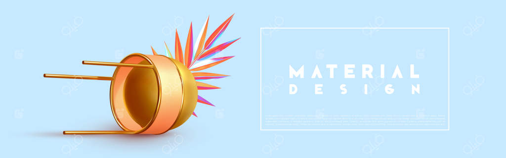 طراحی مینیمال: پس‌زمینه‌ی انتزاعی با اشکال سه‌بعدی. رندر واقعی اشیا. پوستر طراحی خلاقانه، هنر مینیمال مد روز. شاخه‌ی نخل طلایی، کره و توپ. تصویرسازی وکتور.