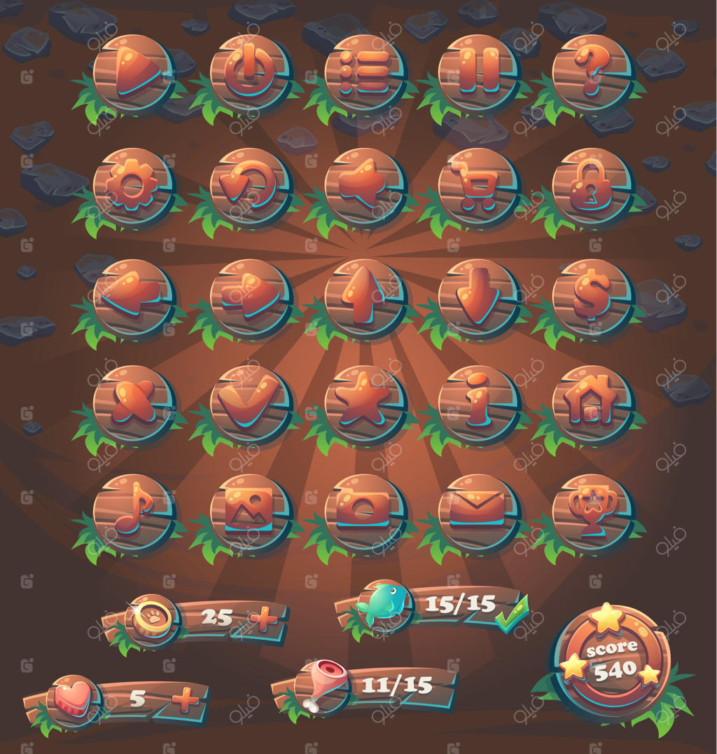 دکمه‌ها و تقویت‌کننده‌ها با طرح چوب برای بازی