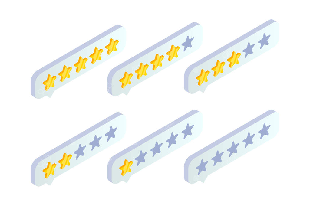 بازخورد خدمات مشتریان، آیکون ایزومتریک نقد و بررسی محصول: حباب گفتار با ستاره طلایی