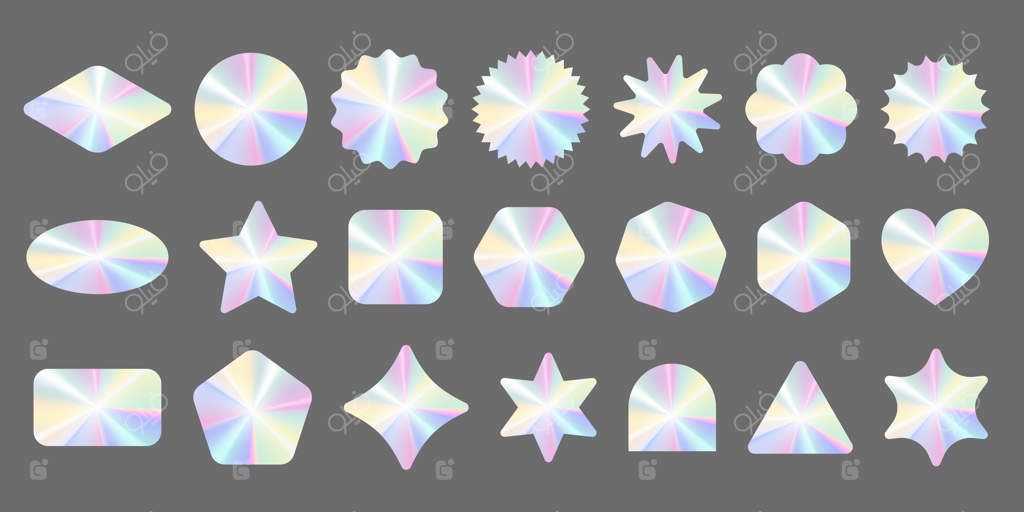 مجموعه برچسب‌های هولوگرافیک: برچسب‌های نقره‌ای با گرادیان، نشان‌های بافت فلزی و فویل رنگین‌کمانی براقی