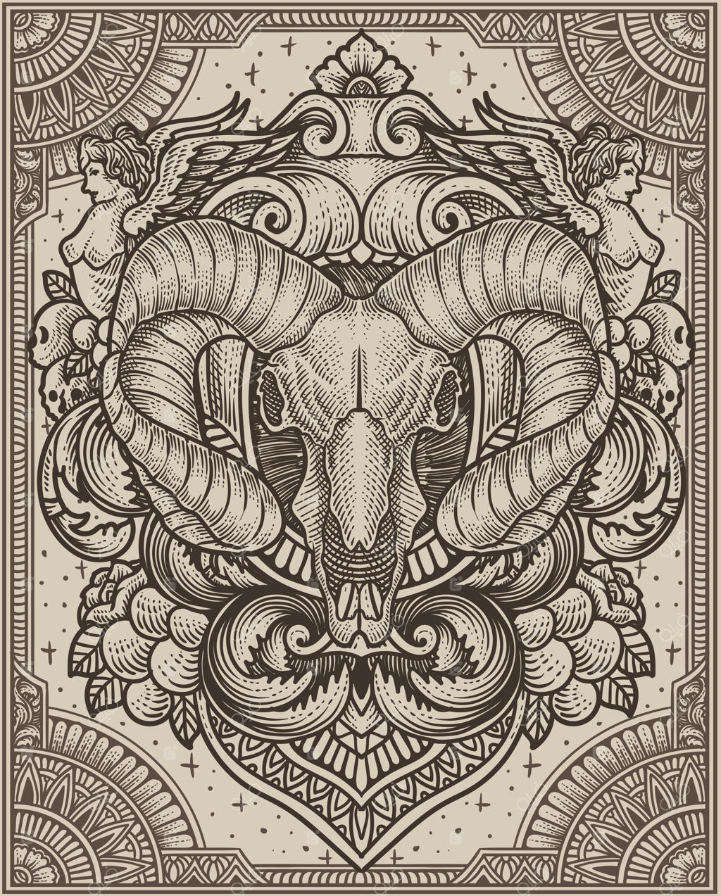 جمجمه قوچ با طراحی حکاکی عتیقه مناسب برای کالاها و تی‌شرت شما