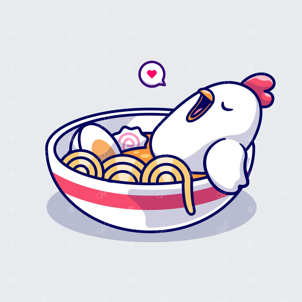آیکون کارتونی مرغ ناز نشسته در نودل رامن - تصویر فلت ایزوله از غذا و حیوانات