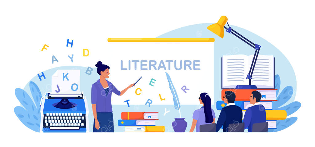 موضوع درس ادبیات: دانش‌آموزان در حال یادگیری زبان با واژگان - مطالعه رمان، شعر، کتاب دستور زبان، دائره‌المعارف، اشعار کلاسیک - کودکان در حال یادگیری و نشستن بر روی کتاب‌ها - مطالعه در کتابخانه