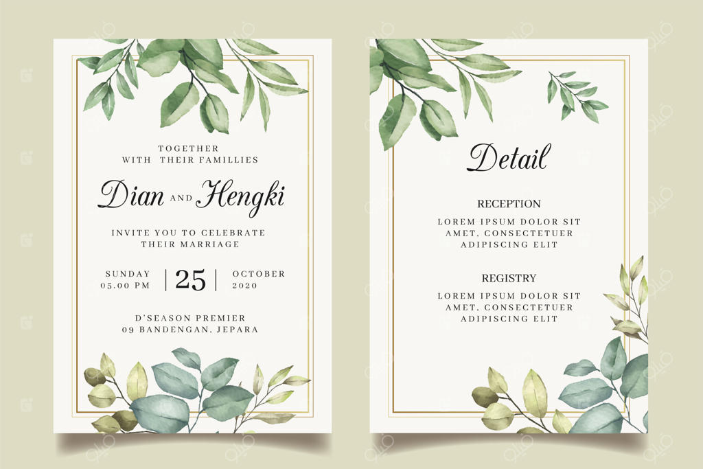 کارت دعوت عروسی با طراحی برگ‌های زیبا و قاب طلایی